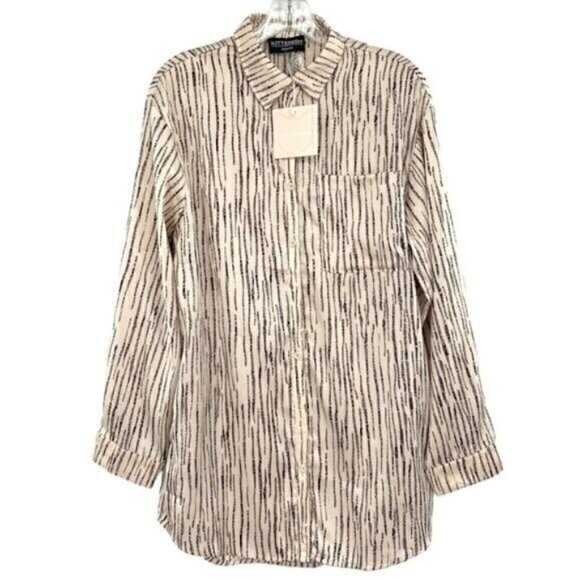 Kittenish Tops - Kittenish Cream Oversized Button Down Satin Tunic Blouse New
